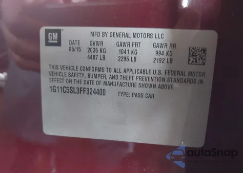 2015 Chevrolet Malibu 1Lt from USA, damaged, VIN 1G11C5SL3FF324400